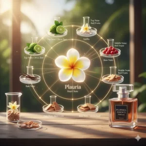 A graphic illustration of the key perfume ingredients, highlighting the plumeria flower note for its sweet, tropical aroma.