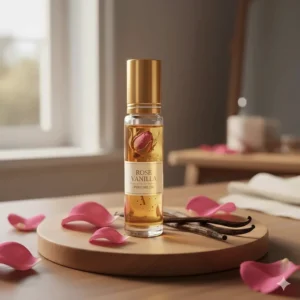 Small glass roller bottle containing rose vanilla perfume oil, a concentrated and long-lasting fragrance.