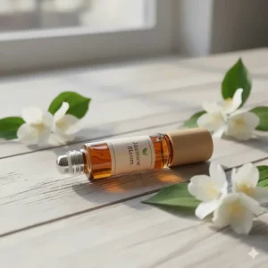 A convenient jasmine perfume oil rollerball bottle, perfect for travel or quick scent touch-ups throughout the day.