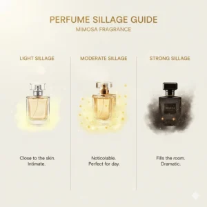 A visual guide comparing the light to moderate sillage (projection) typical of a floral and powdery mimosa perfume.
