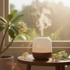 An aromatic oil diffuser releasing the exotic, intoxicating plumeria fragrance throughout a room.