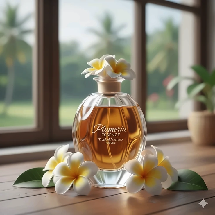 A stunning, close-up photograph of an elegant perfume bottle containing a rich plumeria fragrance perfume essence.