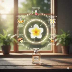 A diagram or chart explaining the plumeria perfume scent profile, including its top, middle, and base notes.