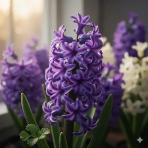 Close-up of vibrant purple hyacinth flowers with strong, heady fragrance, the source of the perfume note.