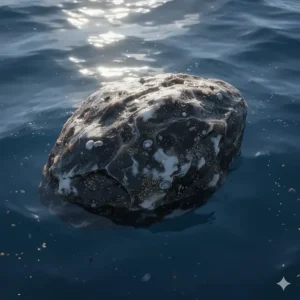 Close-up view of a large, waxy lump of raw, natural ambergris found floating in the ocean.