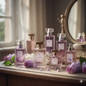 A small collection of different perfume bottles known for their realistic lilac scent, providing options for various budgets.