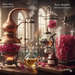 Visual differentiating Rose Absolute from essential oil, showing the solvent extraction method.