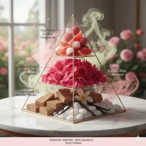 Visual representation of the Rose Magnetic scent pyramid: rose, lychee, grapefruit, and cedarwood notes.