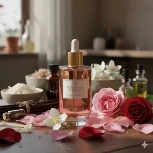 Various complementary ingredients like sandalwood and jasmine often blended with rose perfume oil.