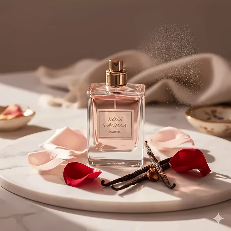 Elegant bottle of rose vanilla perfume displayed with fresh rose petals and vanilla beans for a luxurious scent profile.
