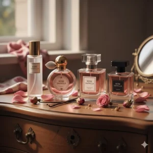 Collection of various rose vanilla perfume bottles from different brands, showcasing the popular scent combination.
