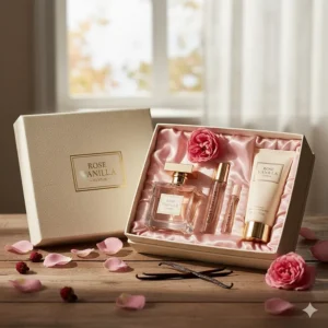 Luxury gift set featuring rose vanilla perfume, body lotion, and shower gel, perfect for a special occasion.