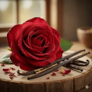 Close-up of the key ingredients—a red rose and a vanilla pod—that create the rose vanilla perfume scent.