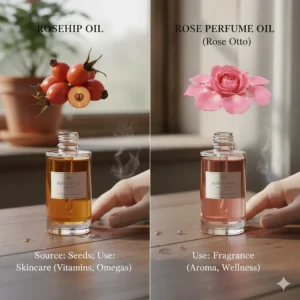 Infographic comparing rosehip oil (skincare) and rose perfume oil (fragrance) and their origins.