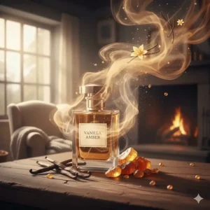 An artistic representation of a soft, warm scent cloud emanating from the vanilla amber perfume, visualizing its appealing sillage and longevity.