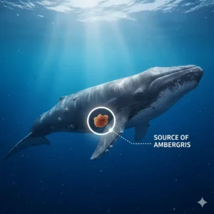 Illustration of a sperm whale, the original source of the natural, highly-prized ambergris used in perfumery.