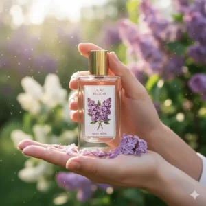 A vibrant shot of a hand holding a bottle of spring floral perfume with a prominent lilac base note, evoking the season.