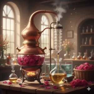 Illustration of the steam distillation process used to create pure rose perfume oil.
