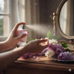 A person's wrist being spritzed with a new perfume with lilac note for a spring-inspired, fresh floral aroma.