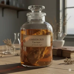 A glass container showing the ambergris tincture process, where the raw material is steeped in alcohol to extract its fragrance.
