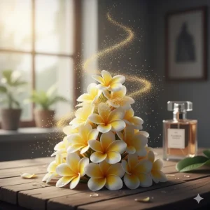 A stylized stack of delicate plumeria blossoms representing the purity and richness of the perfume's core fragrance.