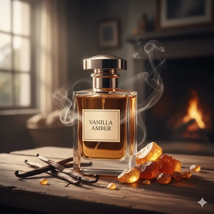 A stunning close-up of the vanilla amber perfume bottle, highlighting its elegant design and the warm, golden liquid inside, suggesting its sweet, deep, and luxurious scent profile.