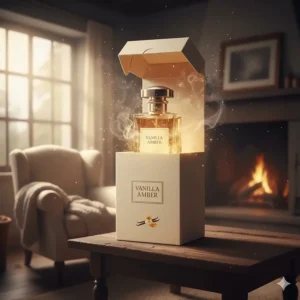 The elegant and simple box packaging for the vanilla amber perfume, useful for showing the product presentation for gifting or unboxing.