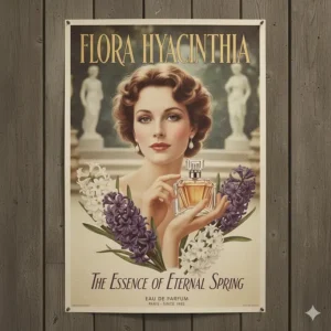 A vintage advertisement poster for a timeless, classic hyacinth-based perfume popular in the 1980s.