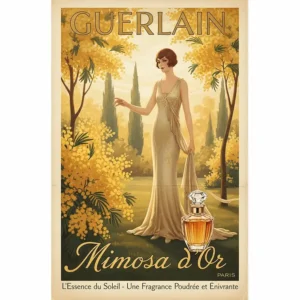 A vintage advertisement for a classic French perfume that features mimosa as a key component, highlighting its luxury appeal.