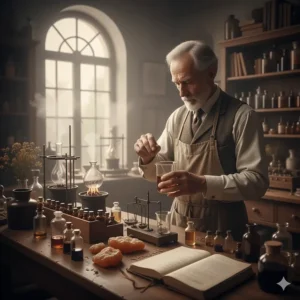 An old photograph or painting depicting a traditional perfumer in their lab, suggesting the creation of vintage perfumes using raw materials like ambergris.