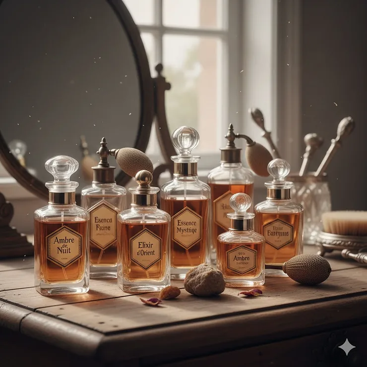 A collection of elegant, classic vintage perfume bottles, suggesting the era of fragrances that used ambergris as a natural ingredient.