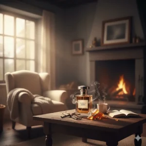 An image depicting a cozy, warm, and inviting setting, reflecting the comforting and sensual mood created by the vanilla amber perfume scent.