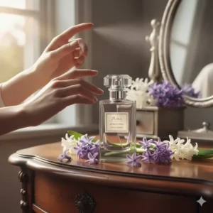 A woman gently spritzing a delicate hyacinth fragrance onto her wrist, emphasizing the elegant wearing experience.