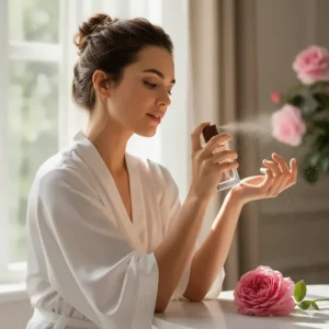 A woman applying the captivating magnetic rose perfume to her wrist to show the silage and elegance.