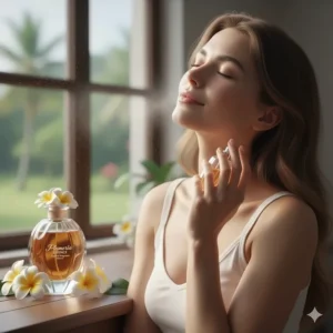 A woman applying a tropical plumeria perfume scent to her pulse points, enjoying the luxurious fragrance.