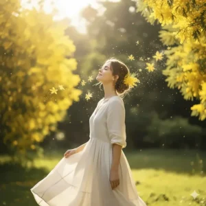 An artistic representation of a woman enjoying the delicate, uplifting scent of a mimosa fragrance on a sunny spring day.
