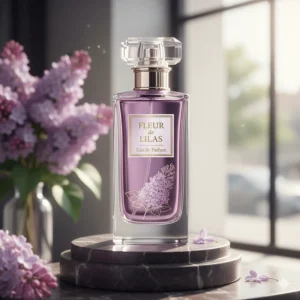 A product shot of a high-end women's lilac scented Eau de Parfum, highlighting the luxury and quality of the fragrance.