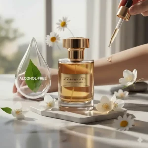 A gentle illustration depicting the benefits of alcohol-free perfume with oil based base for sensitive skin.