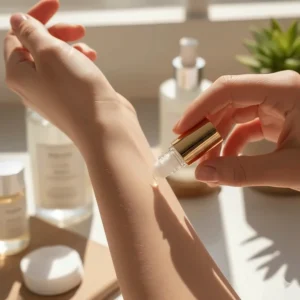 A gentle, alcohol-free perfume oil formula being applied to skin, highlighting its benefits for sensitive skin types.