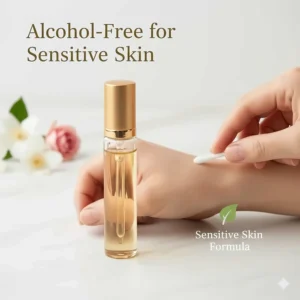 A gentle illustration highlighting the skin-friendly, alcohol-free formula of roll on oil perfume for sensitive skin.