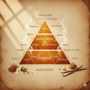 A fragrance pyramid diagram showing amber as a warm base note in oriental perfumes.