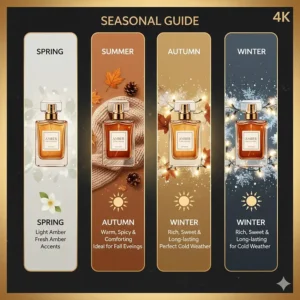 An infographic showing amber fragrance perfumes as the ideal choice for autumn and winter seasons.