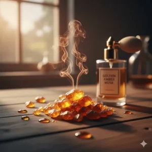 A golden illustration of glowing amber resin, a warm ingredient often blended with musk for depth in perfumes.