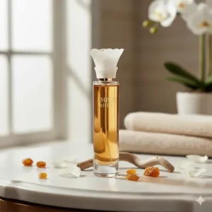 Elegant bottle of Amber White Perfume, highlighting the warm, soft, and luxurious fragrance notes.