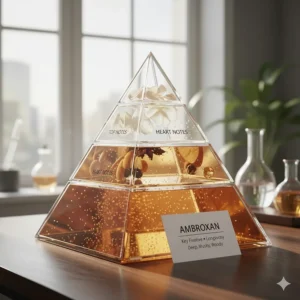 A perfume pyramid diagram illustrating the placement of ambroxan as a deep base note, emphasizing its role as a crucial fixative ingredient.