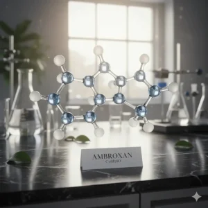 The chemical structure diagram of the synthetic aroma molecule Ambroxan, which is an an odorless, crystalline powder derived from sclareol.
