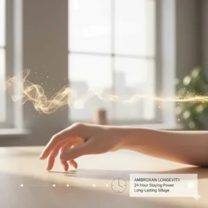 A graphic illustrating scent longevity (time lapse or clock) to highlight how ambroxan perfume is known for its remarkable staying power on the skin.