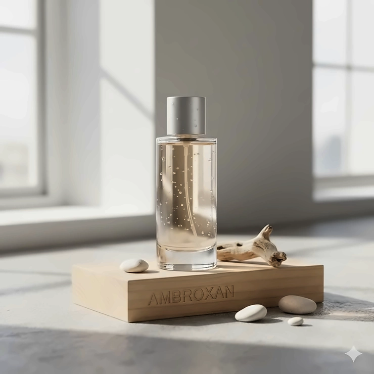 A minimalist glass perfume bottle showcasing a fragrance that uses ambroxan as a key base note, emphasizing its clean, woody, and musky scent profile. ambroxan perfume