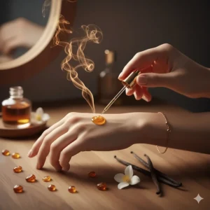 A minimalist drawing showing where to apply amber fragrance perfumes on pulse points for longevity.