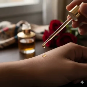 A close-up of a person applying concentrated Arabic perfume oil to their pulse points using a glass applicator.